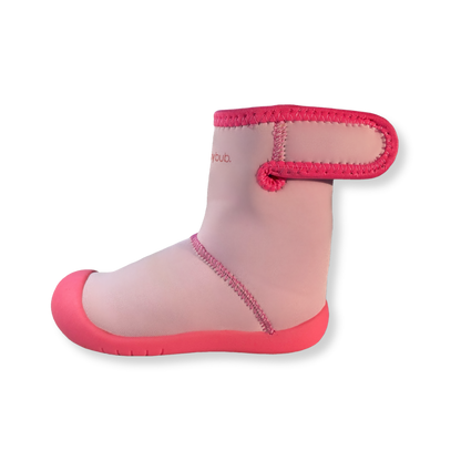 Pink Wee Wellies - still product photo on transparent background. Showing adjustable calf opening