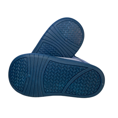 blue wee wellies, still photo showing the wide toed, barefoot style, zero drop undersole 